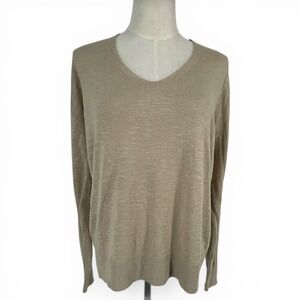 Banana Republic Women V-Neck Linen Blend Light Summer Sweater Beige Tan Med